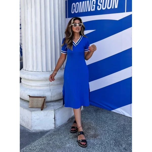 Kadın Kısa Kollu V Yaka Ve Yaka Ribana Detay Midiboy Viskon Elbise