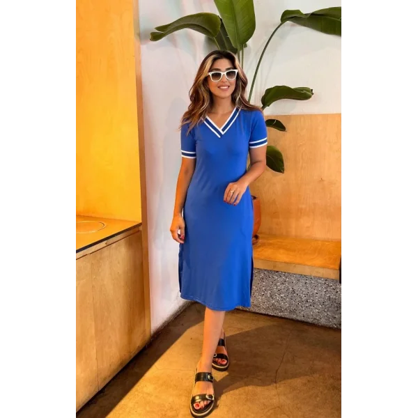 Kadın Kısa Kollu V Yaka Ve Yaka Ribana Detay Midiboy Viskon Elbise