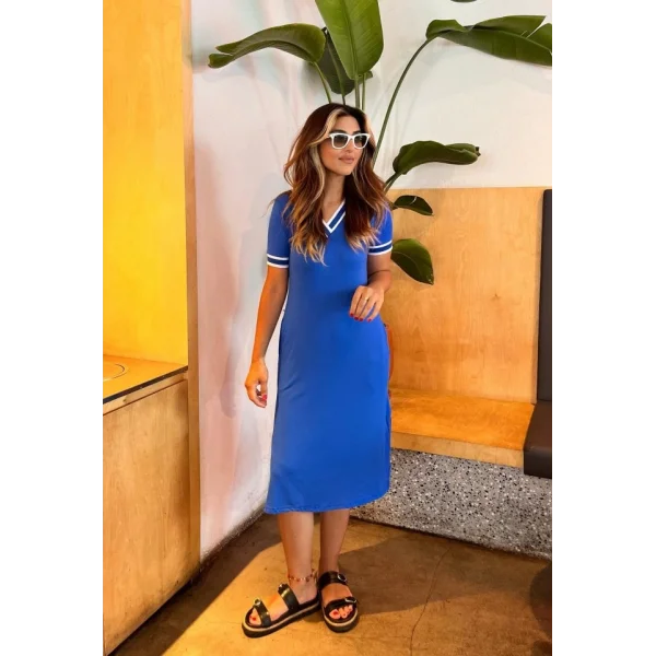 Kadın Kısa Kollu V Yaka Ve Yaka Ribana Detay Midiboy Viskon Elbise