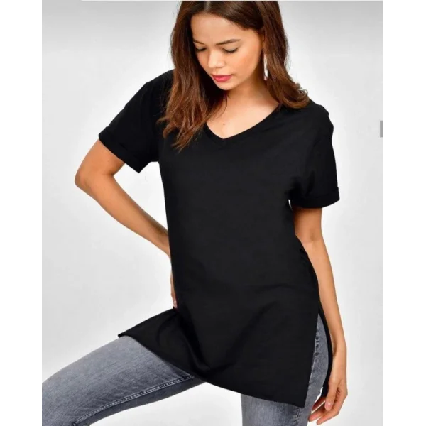 Kadın Kısa Kollu V Yaka Yanları Yırtmaç Detay Penye Bluz