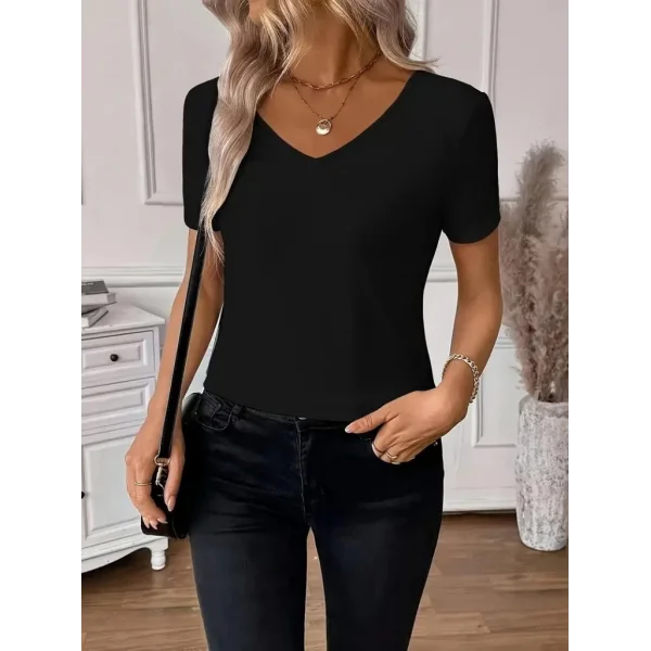 Kadın Kısa Kollu V Yakalı Arkası Dantelli Viskon Bluz