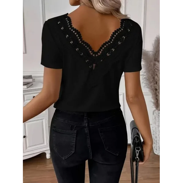 Kadın Kısa Kollu V Yakalı Arkası Dantelli Viskon Bluz