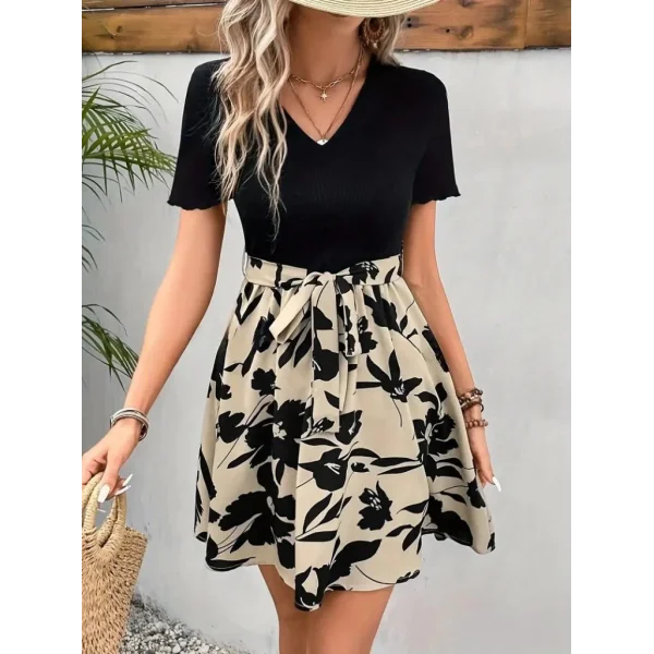 Kadın Kısa Kollu V Yakalı Belden Kuşaklı çiçek Desenli üst Viskon Alt Süprem Elbise