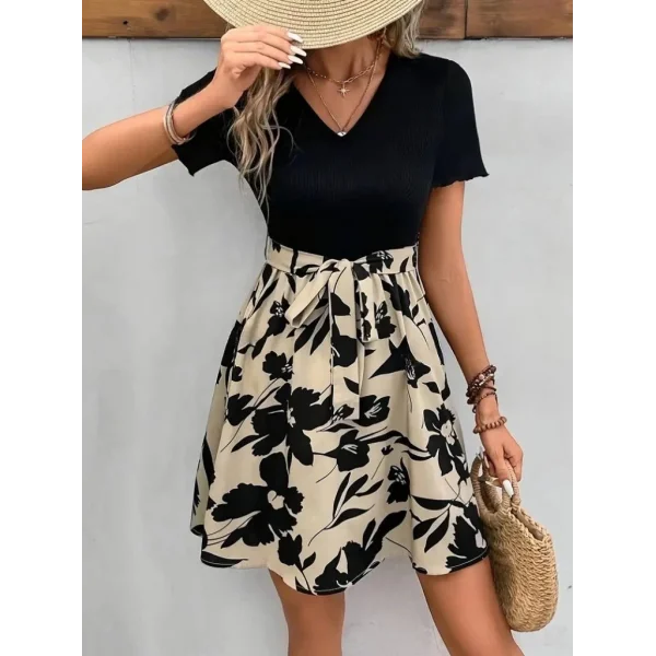 Kadın Kısa Kollu V Yakalı Belden Kuşaklı çiçek Desenli üst Viskon Alt Süprem Elbise