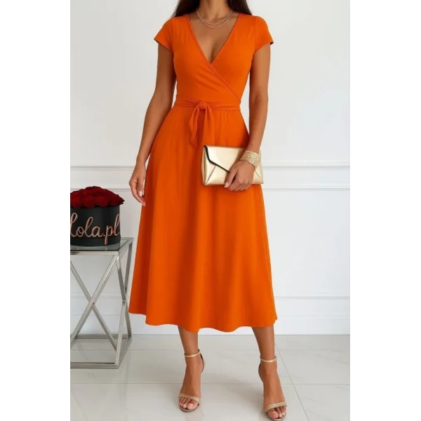 Kadın Kısa Kollu V Yakalı Belden Kuşaklı Maksi Boy Viskon Elbise