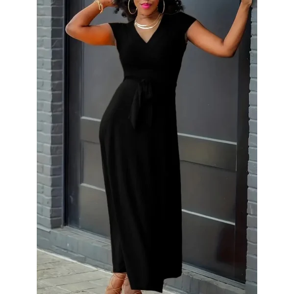 Kadın Kısa Kollu V Yakalı Belden Kuşaklı Maksi Boy Viskon Elbise