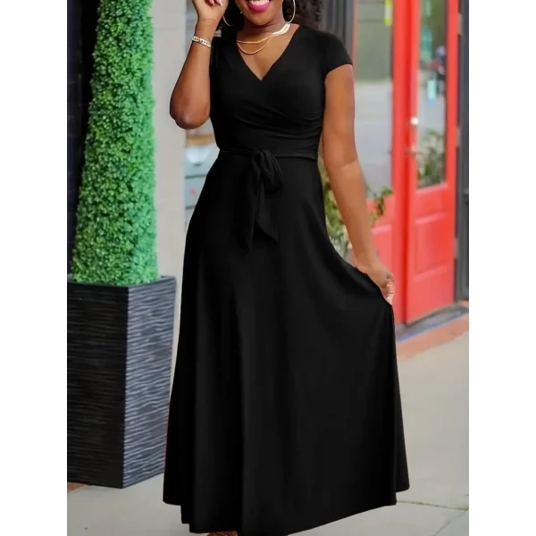 Kadın Kısa Kollu V Yakalı Belden Kuşaklı Maksi Boy Viskon Elbise