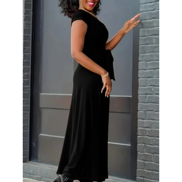 Kadın Kısa Kollu V Yakalı Belden Kuşaklı Maksi Boy Viskon Elbise