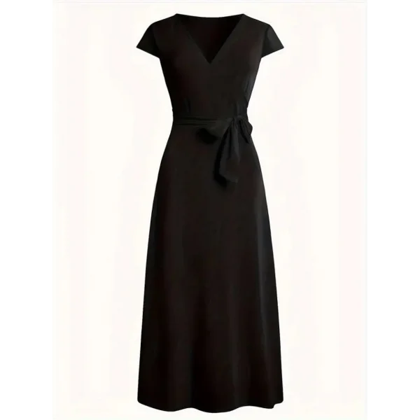 Kadın Kısa Kollu V Yakalı Belden Kuşaklı Maksi Boy Viskon Elbise