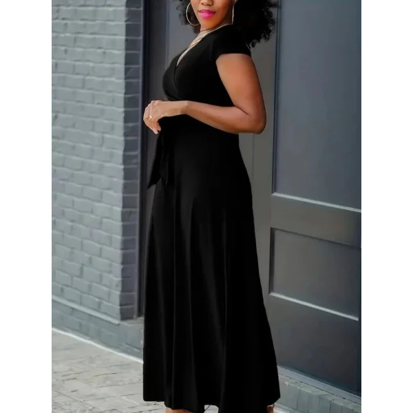 Kadın Kısa Kollu V Yakalı Belden Kuşaklı Maksi Boy Viskon Elbise