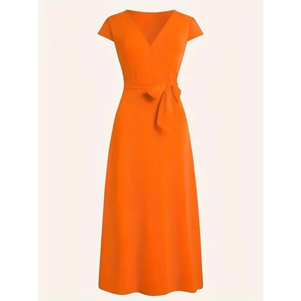 Kadın Kısa Kollu V Yakalı Belden Kuşaklı Maksi Boy Viskon Elbise