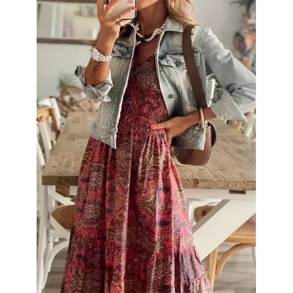 Kadın Kısa Kollu V Yakalı Beli Gipeli Desenli Süprem Maksi Elbise