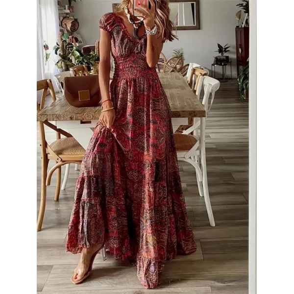 Kadın Kısa Kollu V Yakalı Beli Gipeli Desenli Süprem Maksi Elbise