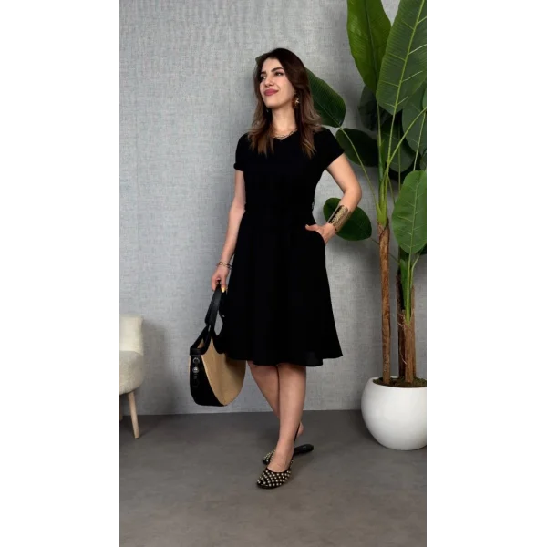 Kadın Kısa Kollu V Yakalı Beli Kuşaklı Ithal Keten Elbise