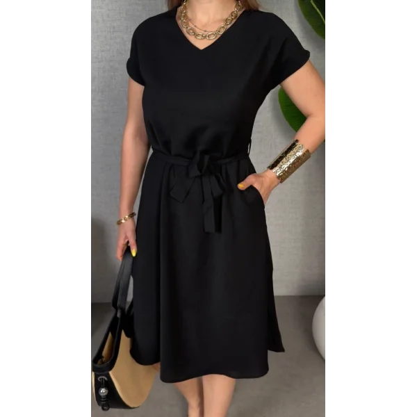 Kadın Kısa Kollu V Yakalı Beli Kuşaklı Ithal Keten Elbise