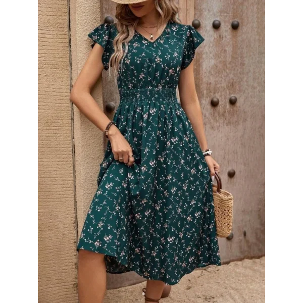 Kadın Kısa Kollu V Yakalı Beli Lastikli çiçek Desenli Süprem Elbise