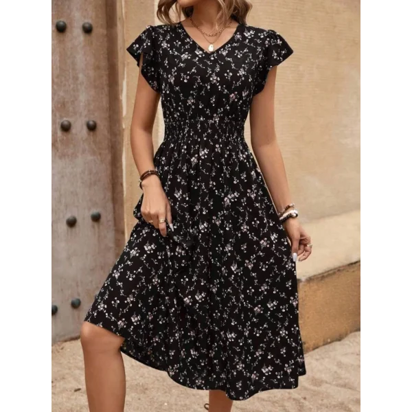 Kadın Kısa Kollu V Yakalı Beli Lastikli çiçek Desenli Süprem Elbise