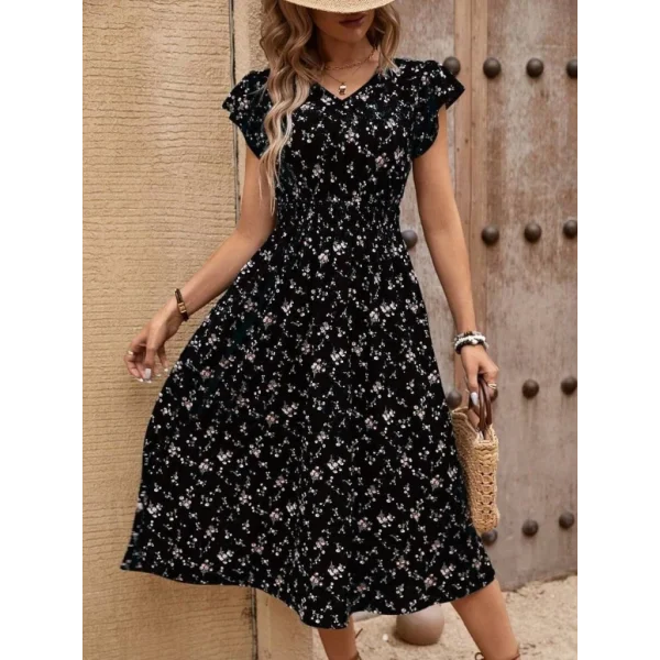 Kadın Kısa Kollu V Yakalı Beli Lastikli çiçek Desenli Süprem Elbise