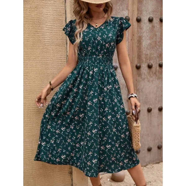 Kadın Kısa Kollu V Yakalı Beli Lastikli çiçek Desenli Süprem Elbise