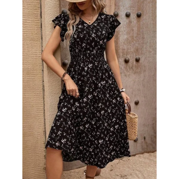 Kadın Kısa Kollu V Yakalı Beli Lastikli çiçek Desenli Süprem Elbise