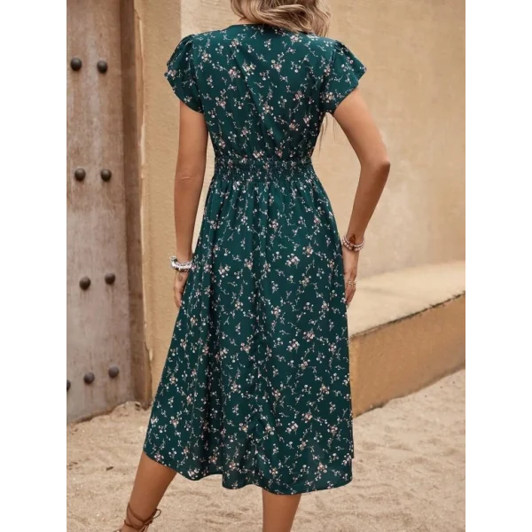 Kadın Kısa Kollu V Yakalı Beli Lastikli çiçek Desenli Süprem Elbise