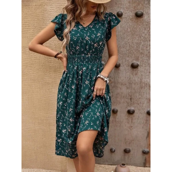 Kadın Kısa Kollu V Yakalı Beli Lastikli çiçek Desenli Süprem Elbise