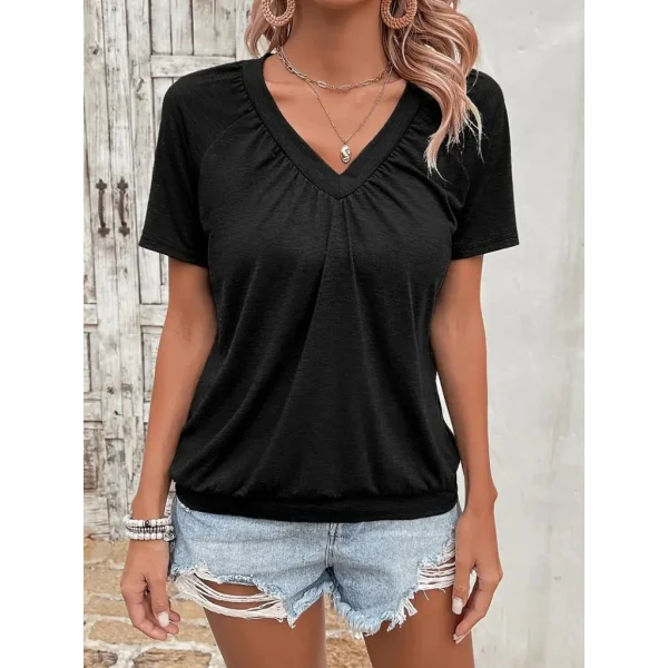 Kadın Kısa Kollu V Yakalı Büzgü Detaylı Viskon Bluz