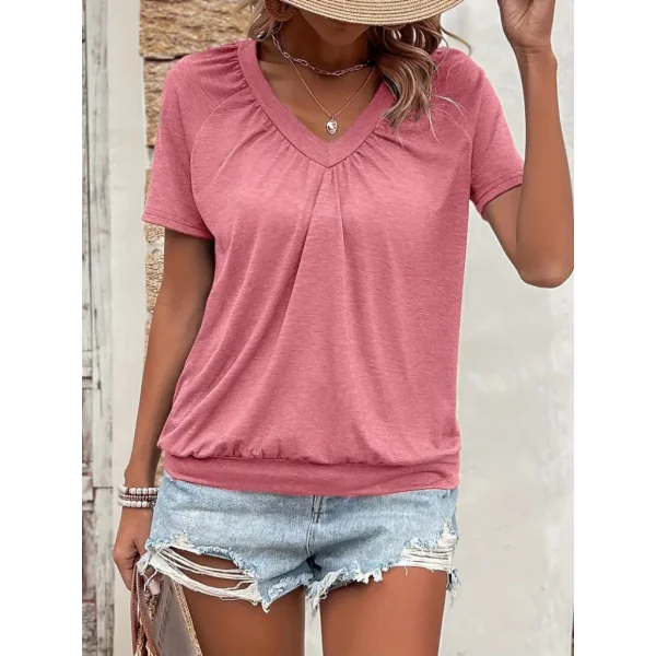 Kadın Kısa Kollu V Yakalı Büzgü Detaylı Viskon Bluz