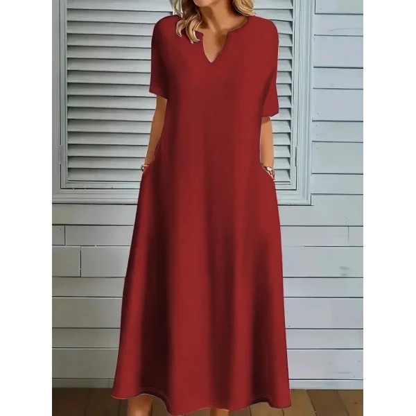 Kadın Kısa Kollu V Yakalı Cep Detaylı Uzun Janjan Krep Elbise
