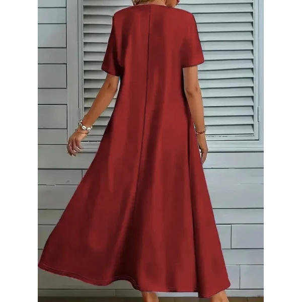 Kadın Kısa Kollu V Yakalı Cep Detaylı Uzun Janjan Krep Elbise