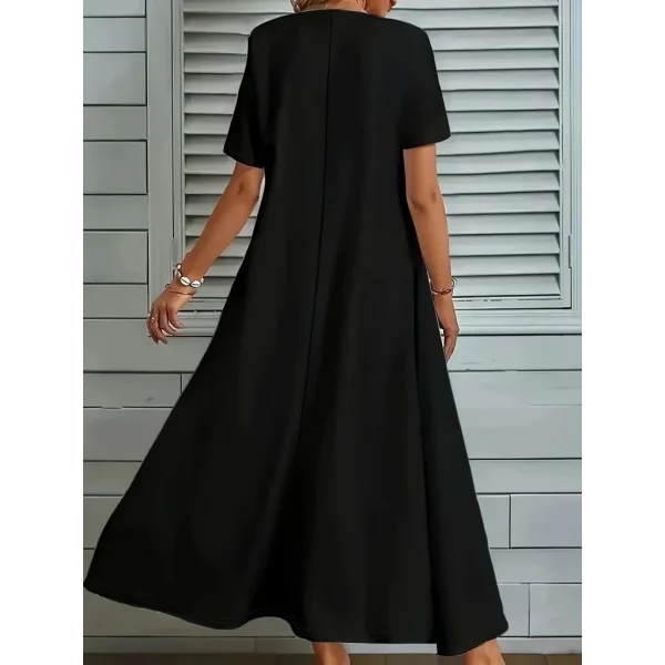 Kadın Kısa Kollu V Yakalı Cep Detaylı Uzun Janjan Krep Elbise