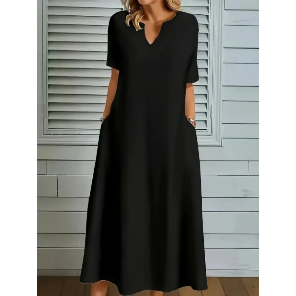 Kadın Kısa Kollu V Yakalı Cep Detaylı Uzun Janjan Krep Elbise