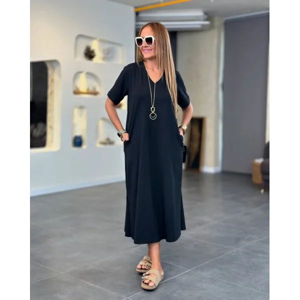 Kadın Kısa Kollu V Yakalı Cep Detaylı Uzun Viskon Iki Iplik Elbise