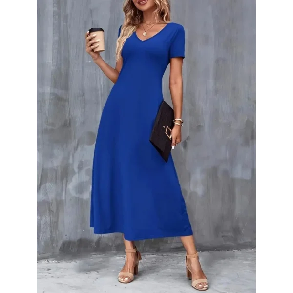Kadın Kısa Kollu V Yakalı Cepli Viskon Elbise
