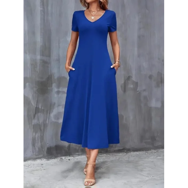 Kadın Kısa Kollu V Yakalı Cepli Viskon Elbise