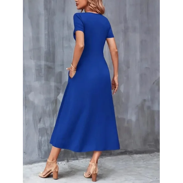 Kadın Kısa Kollu V Yakalı Cepli Viskon Elbise