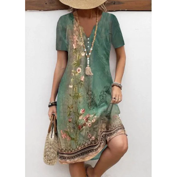 Kadın Kısa Kollu V Yakalı çiçek Baskılı Midi Süprem Elbise