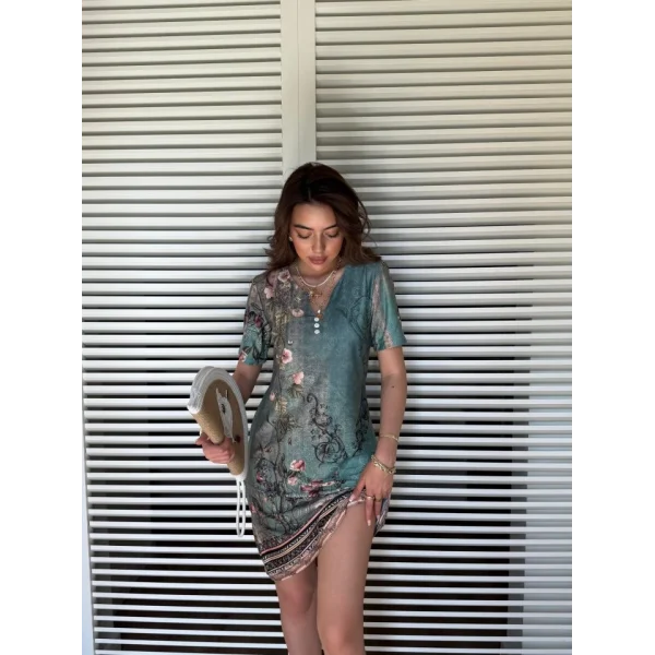 Kadın Kısa Kollu V Yakalı çiçek Baskılı Midi Süprem Elbise