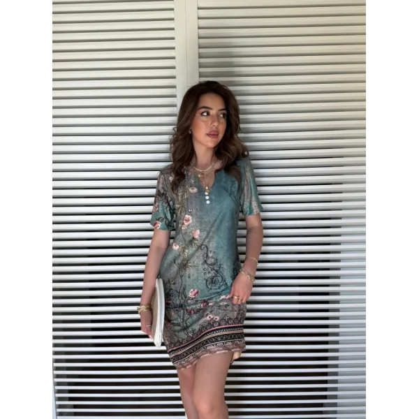 Kadın Kısa Kollu V Yakalı çiçek Baskılı Midi Süprem Elbise