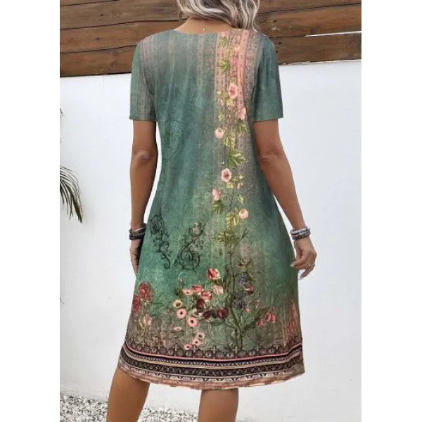 Kadın Kısa Kollu V Yakalı çiçek Baskılı Midi Süprem Elbise