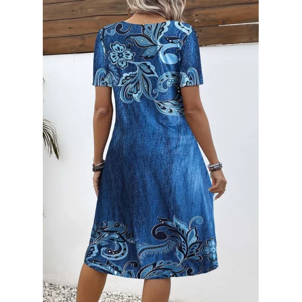 Kadın Kısa Kollu V Yakalı çiçek Baskılı Midi Süprem Elbise