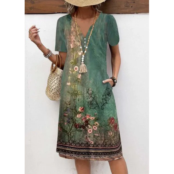 Kadın Kısa Kollu V Yakalı çiçek Baskılı Midi Süprem Elbise