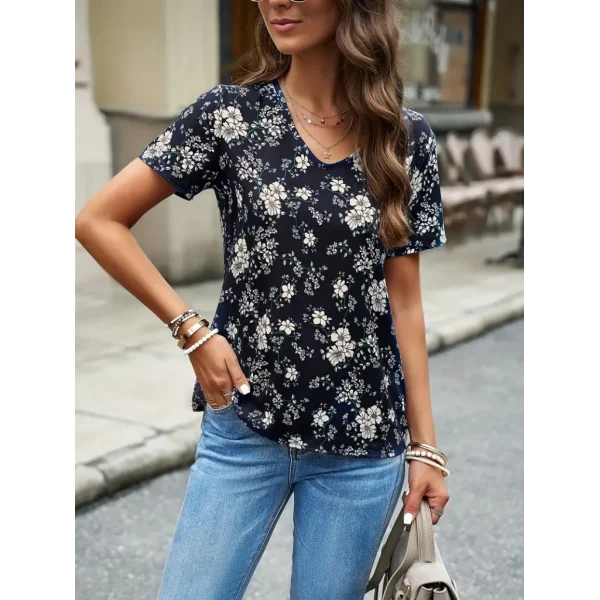Kadın Kısa Kollu V Yakalı çiçek Baskılı Süprem Bluz