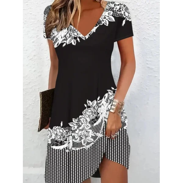 Kadın Kısa Kollu V Yakalı çiçek Baskılı Süprem Elbise