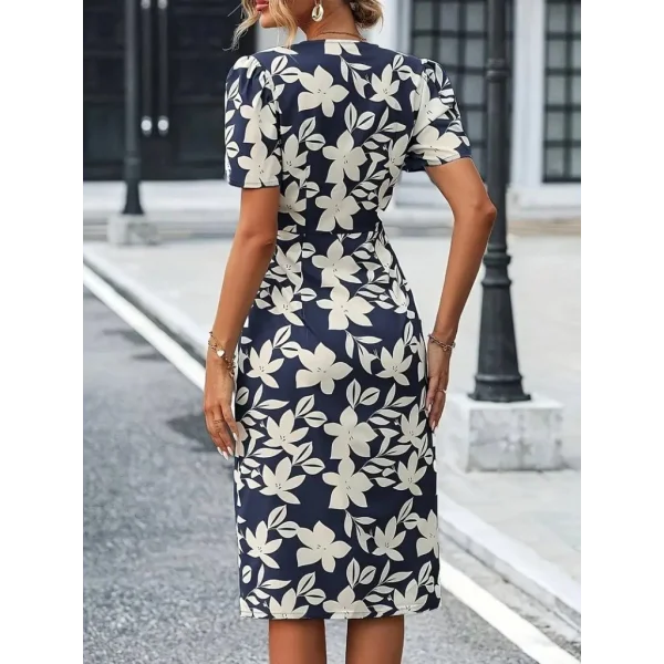 Kadın Kısa Kollu V Yakalı çiçek Desenli Midi Atlas Elbise