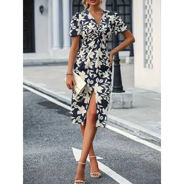 Kadın Kısa Kollu V Yakalı çiçek Desenli Midi Atlas Elbise