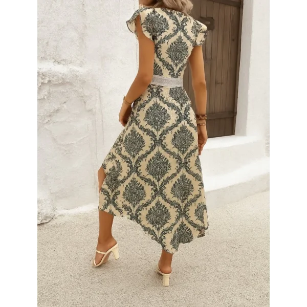 Kadın Kısa Kollu V Yakalı çiçek Desenli önü Kısa Arkası Uzun Pegasus Elbise