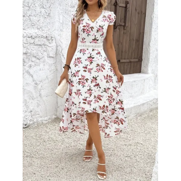 Kadın Kısa Kollu V Yakalı çiçek Desenli önü Kısa Arkası Uzun Süprem Elbise