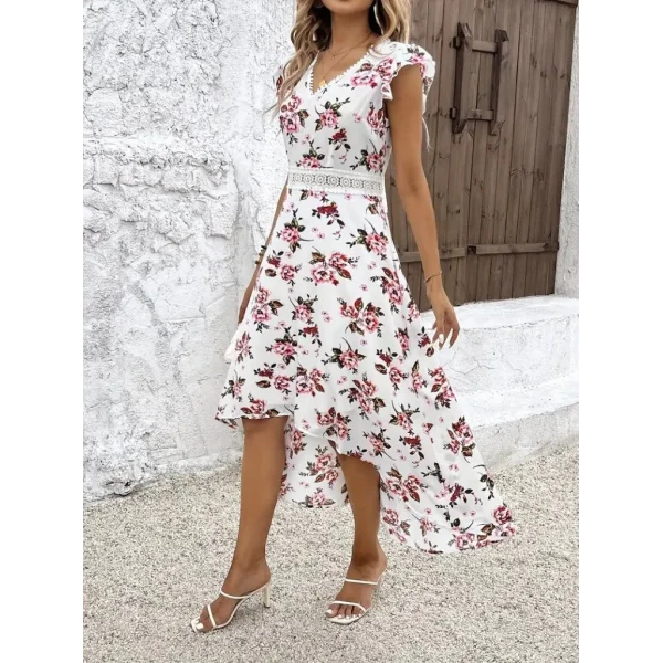 Kadın Kısa Kollu V Yakalı çiçek Desenli önü Kısa Arkası Uzun Süprem Elbise