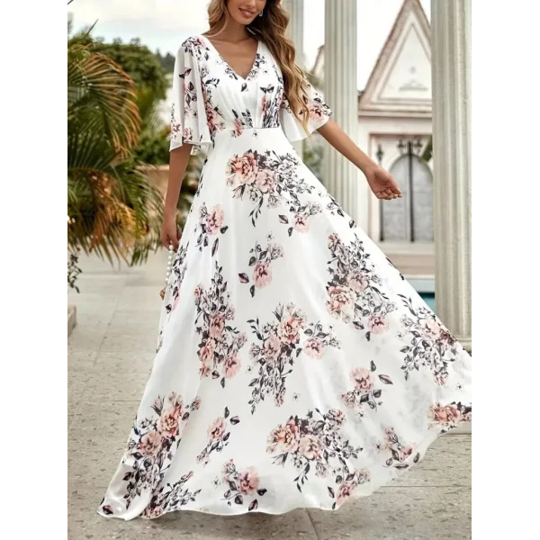 Kadın Kısa Kollu V Yakalı çiçek Desenli Süprem Elbise